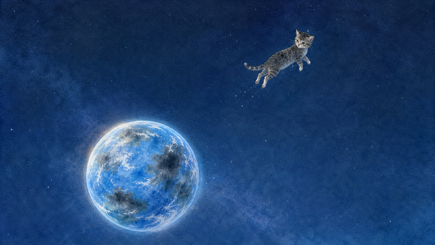 封面：一只猫飞离地面升入太空、越来越小，下方是它刚离开的蔚蓝地球。