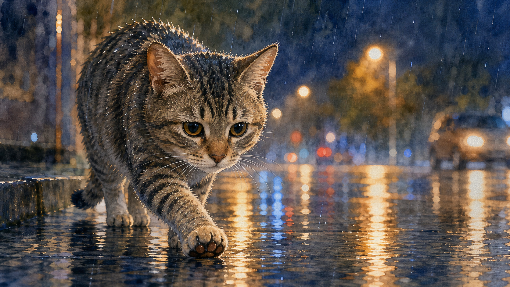 雨中一只湿漉漉的猫，肉垫踩在被雨水冲刷干净、反光的地面上。