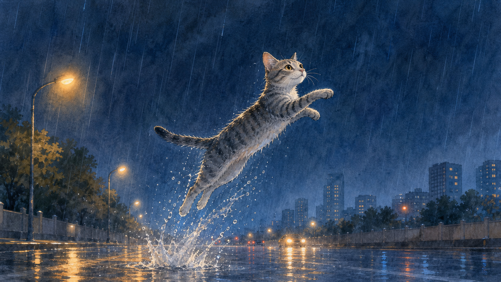 猫压低重心矫健地一跃而起,水花四溅,冲向雨夜的天空。