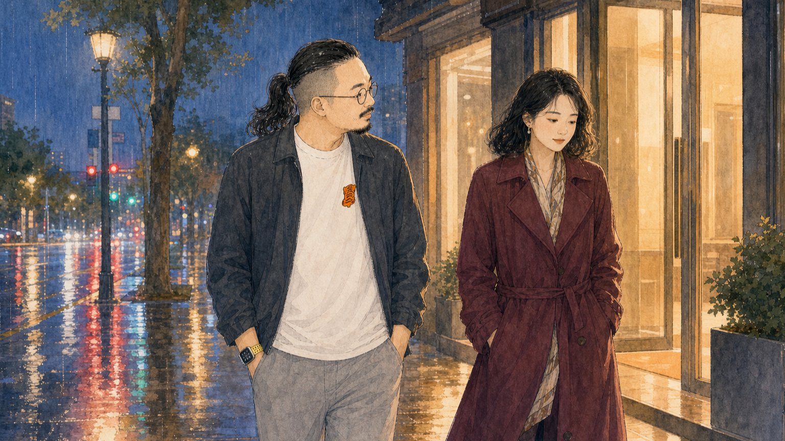 雨夜餐厅门口,叙述者与一位漂亮女士吃完饭一起走出来。