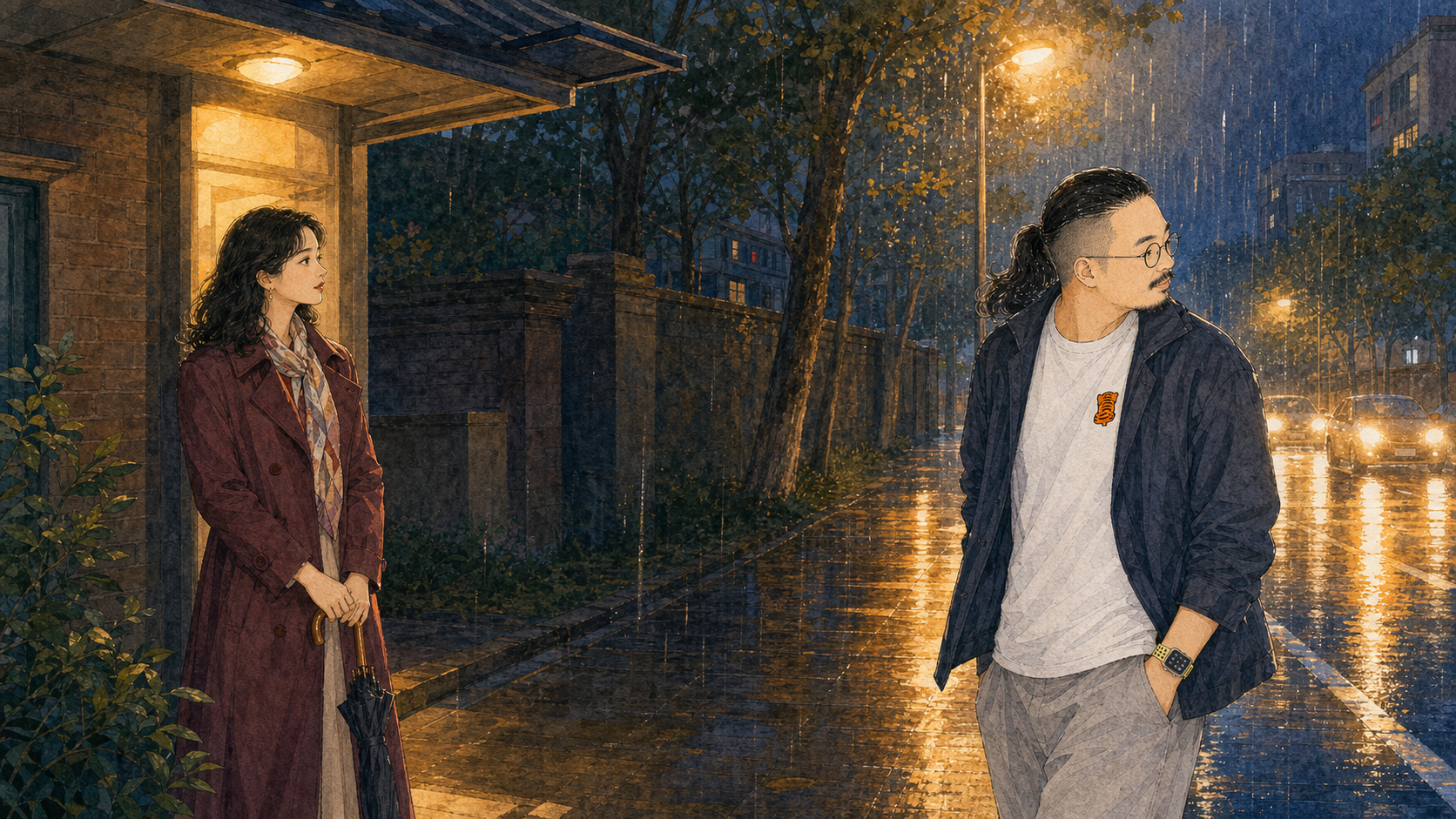 女士站在伞下等候，叙述者转身要去买橘子，雨在灯下织成帘。