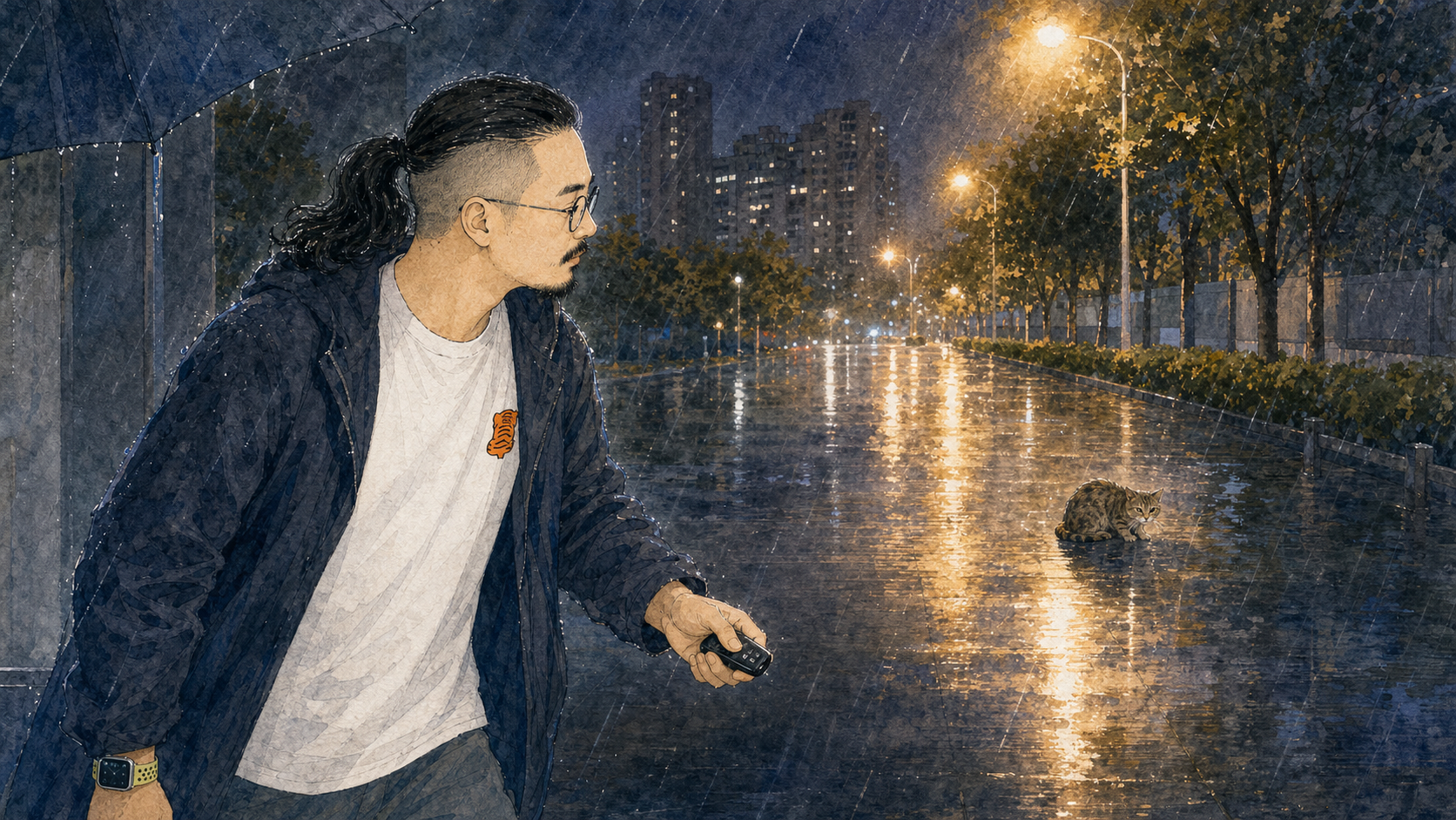 叙述者手握车钥匙从伞下走进雨里,冲破雨帘,前方雨中隐约有一只猫。