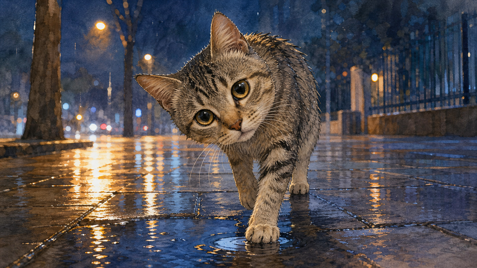 雨里的猫歪着头看向叙述者,小心翼翼地垫着爪子避开积水。