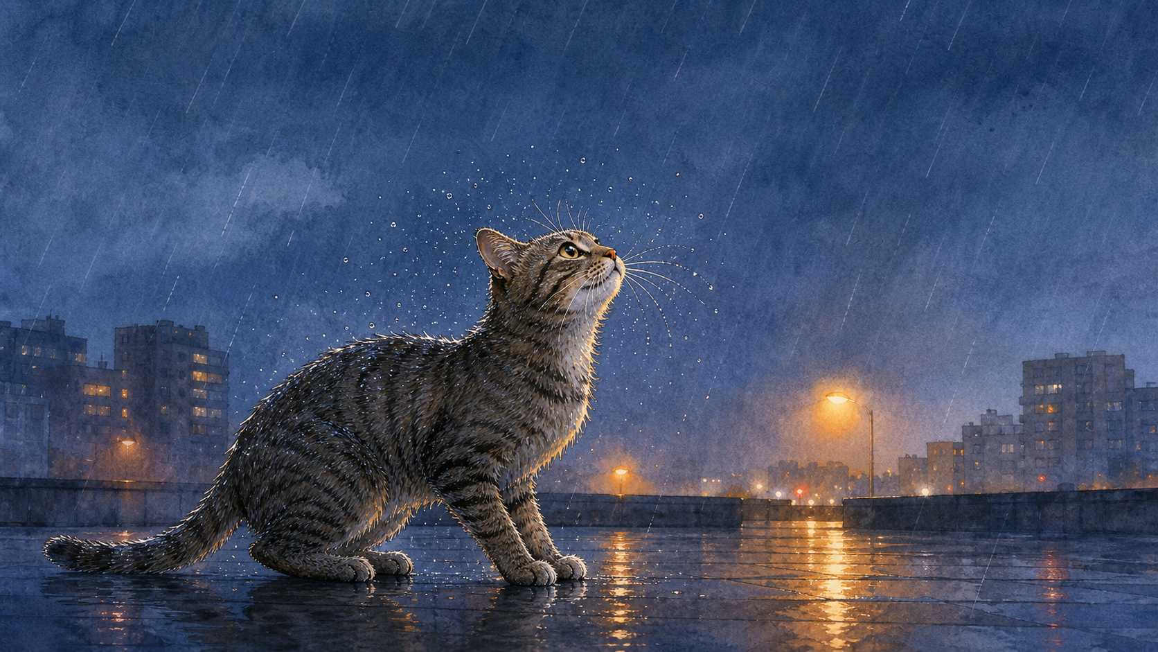 猫抖落胡须上的水滴、压低重心,正要跃向天空的瞬间。
