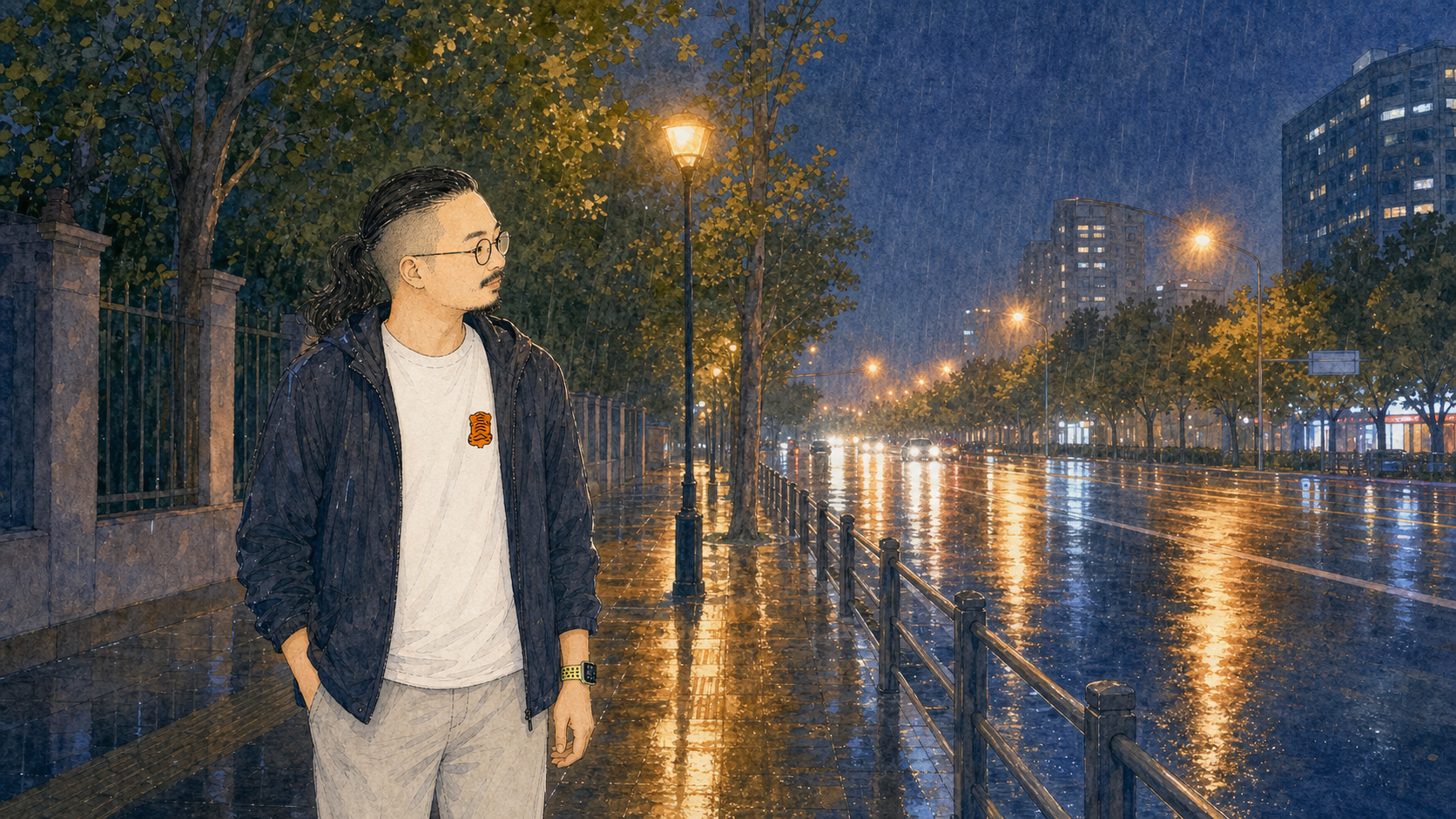 叙述者独自在雨夜里伫立片刻,沉浸在一种非现实感里。
