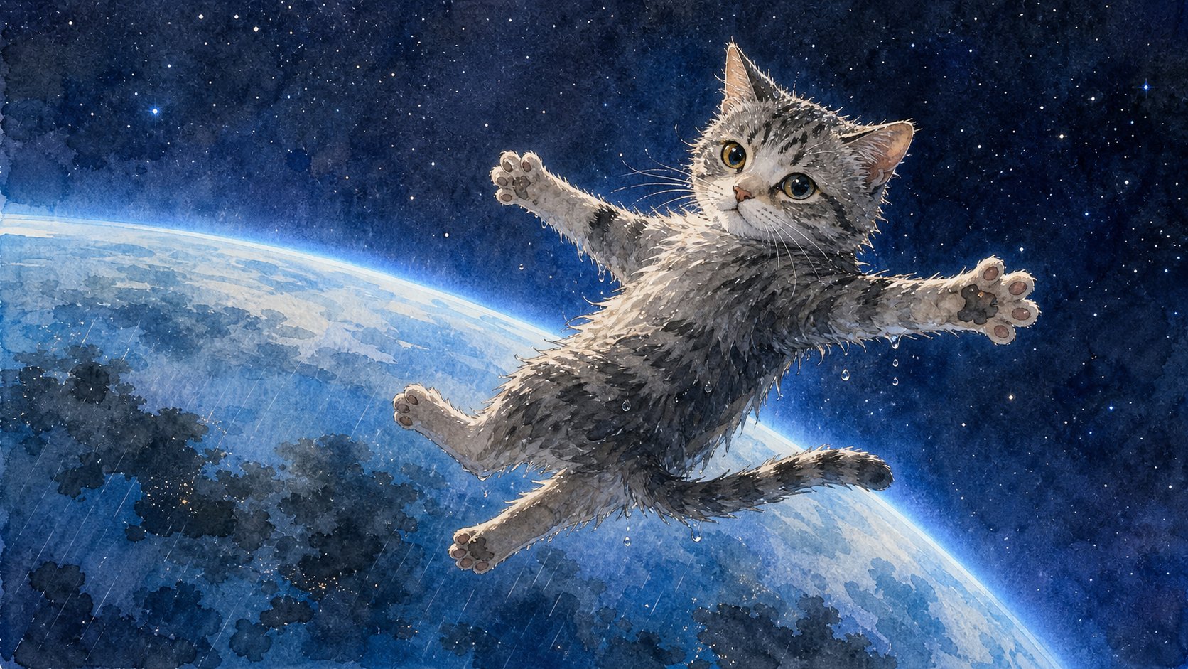 想象画面：猫离开地球时完全张开的四爪，姿态舒展悠然，身后是蔚蓝地球的弧面。