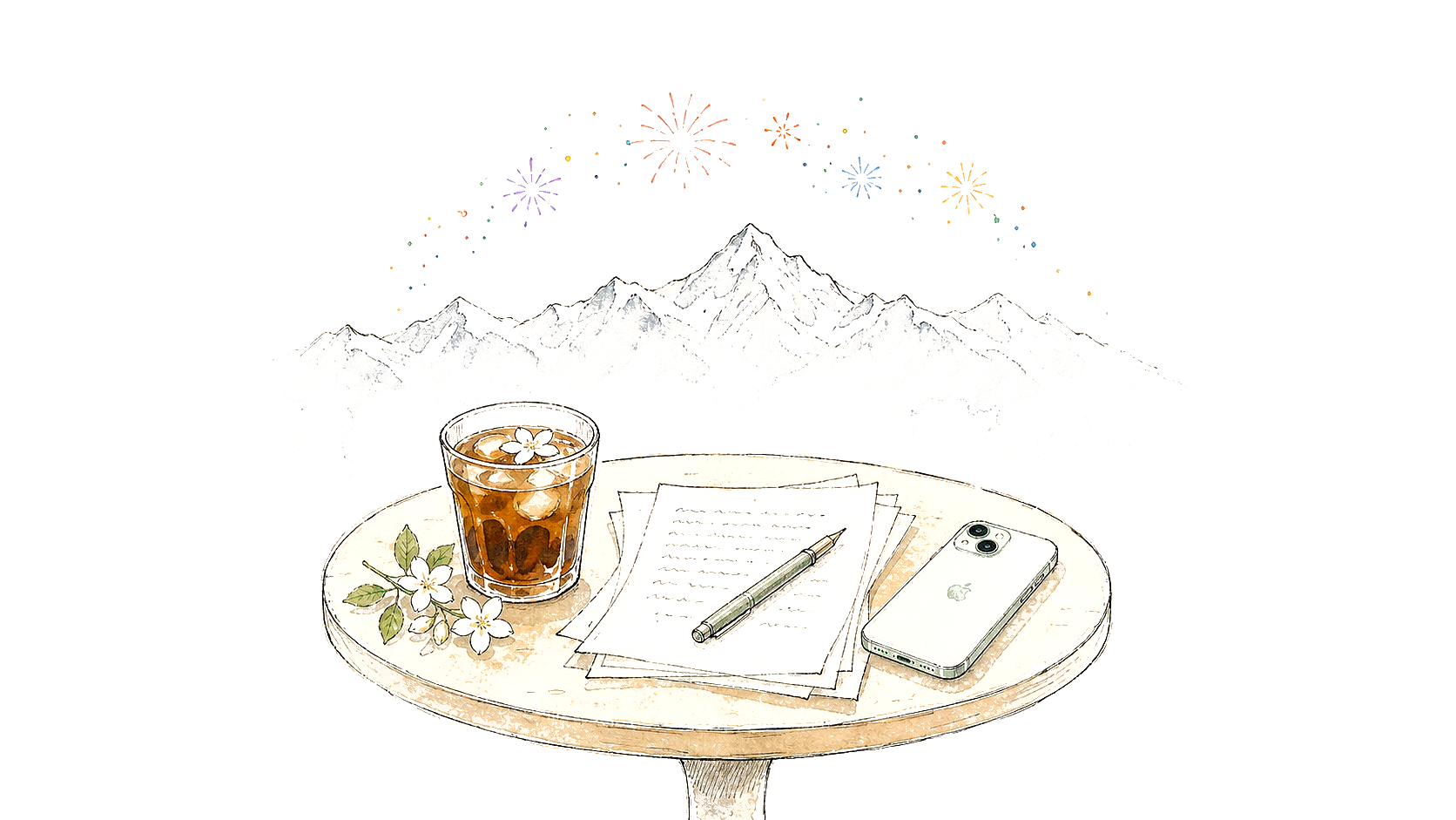封面:摄政咖啡馆桌面、茉莉冷萃、绿色手机和远处喜马拉雅烟花。