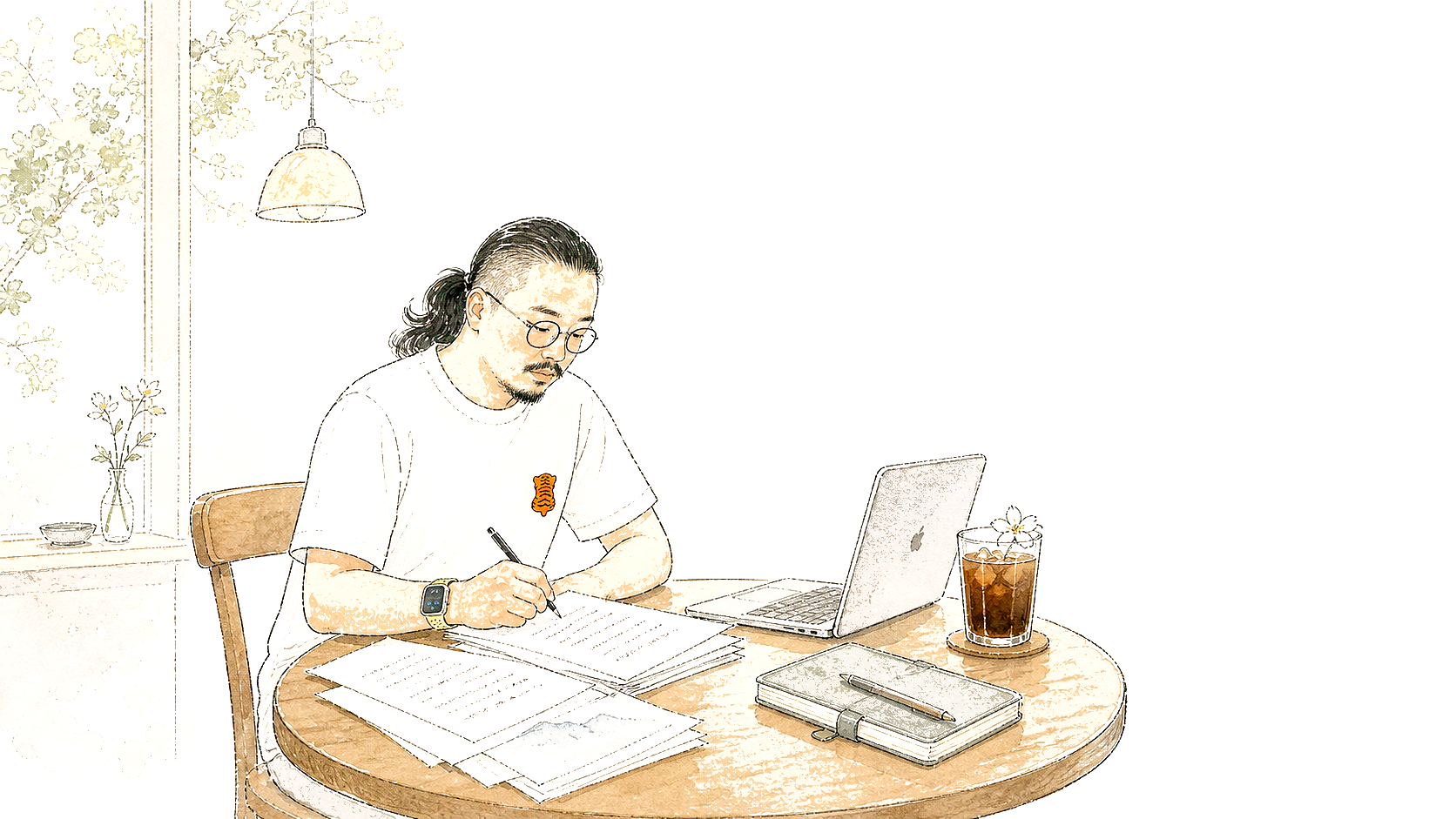 叙述者在摄政咖啡馆编写一本书。