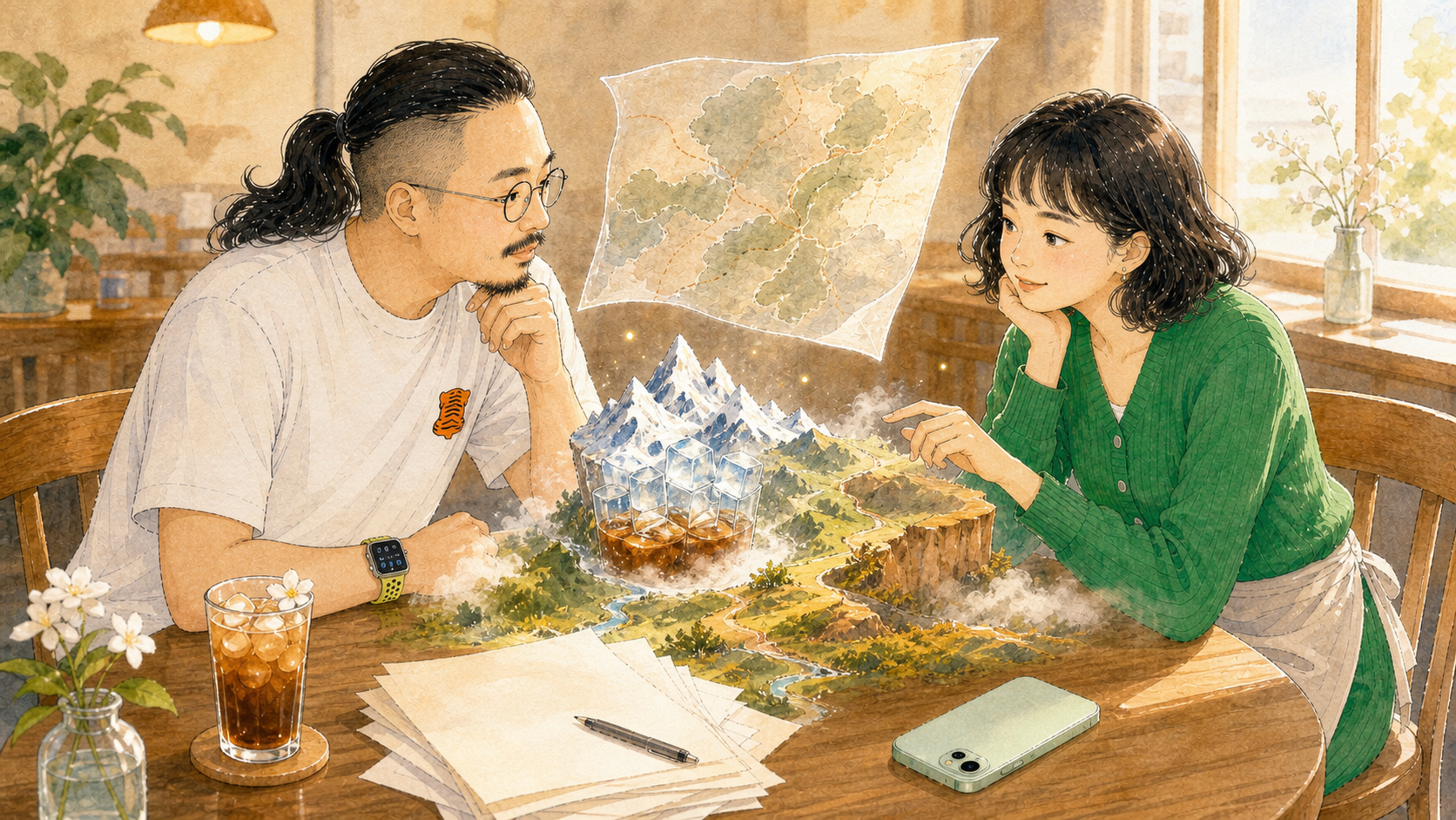 咖啡馆桌面上浮现世界屋脊的微缩地形。