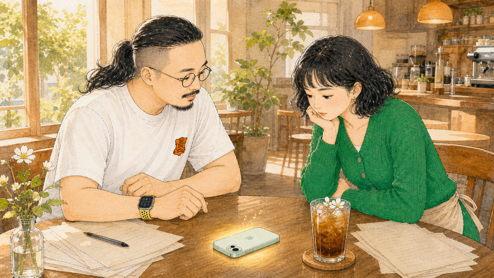 绿色手机放在咖啡馆桌上,法蒂玛肃穆地看着它。