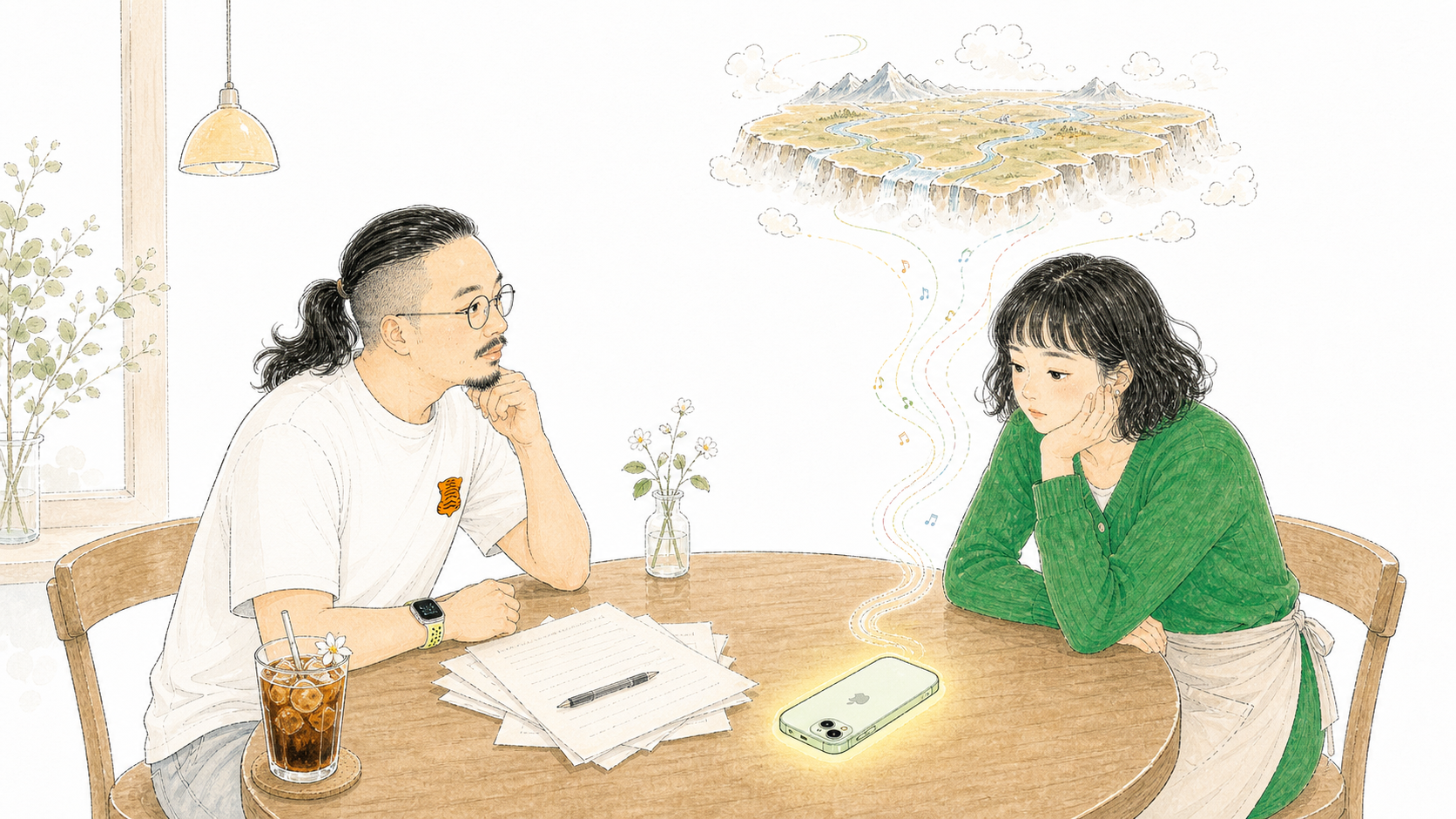 声波从绿色手机升起,在法蒂玛头顶形成青藏高原。