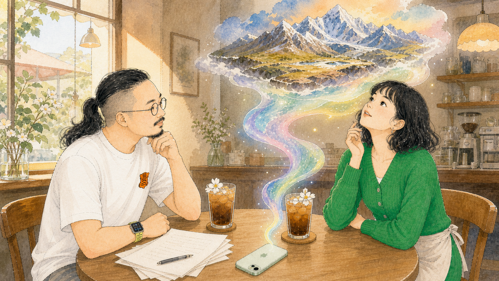 声波从绿色手机升起,在法蒂玛头顶形成青藏高原。