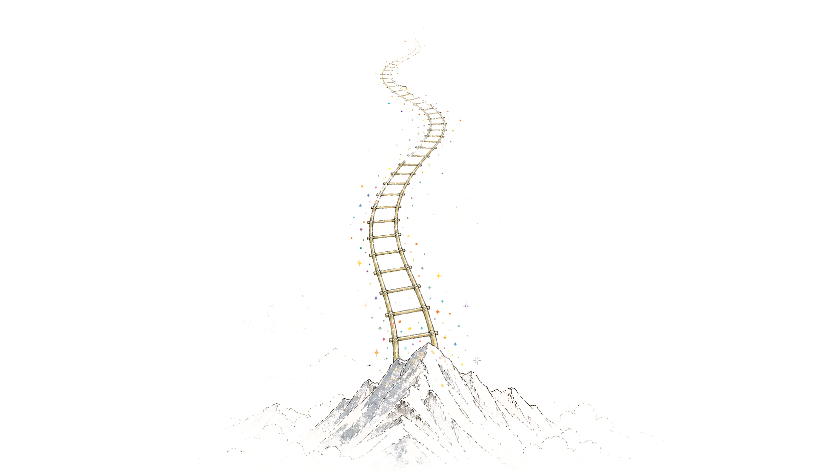 竹子天梯从雪山伸向天空,烟花光点一步步上升。