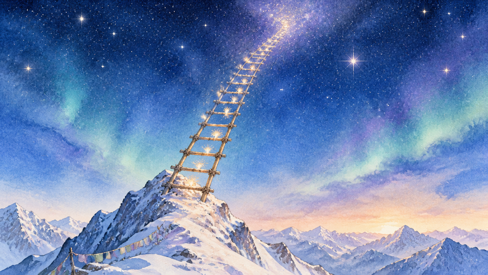 竹子天梯从雪山伸向天空,烟花光点一步步上升。
