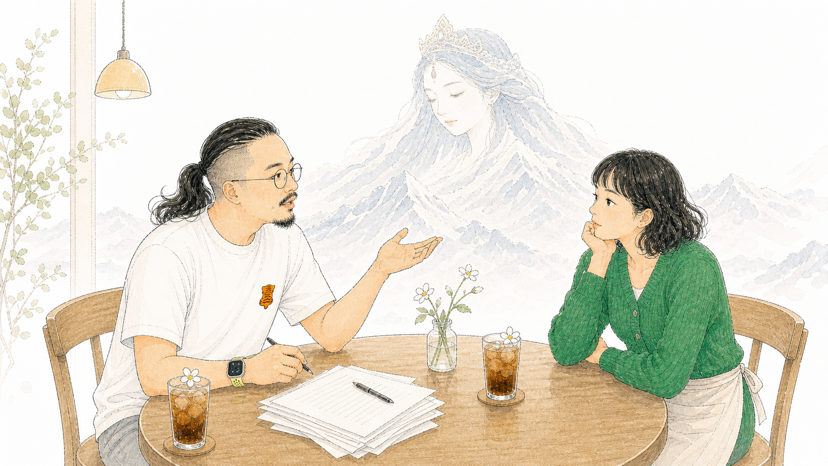 叙述者让法蒂玛批评自己不环保,窗外浮现神女一样的神山。