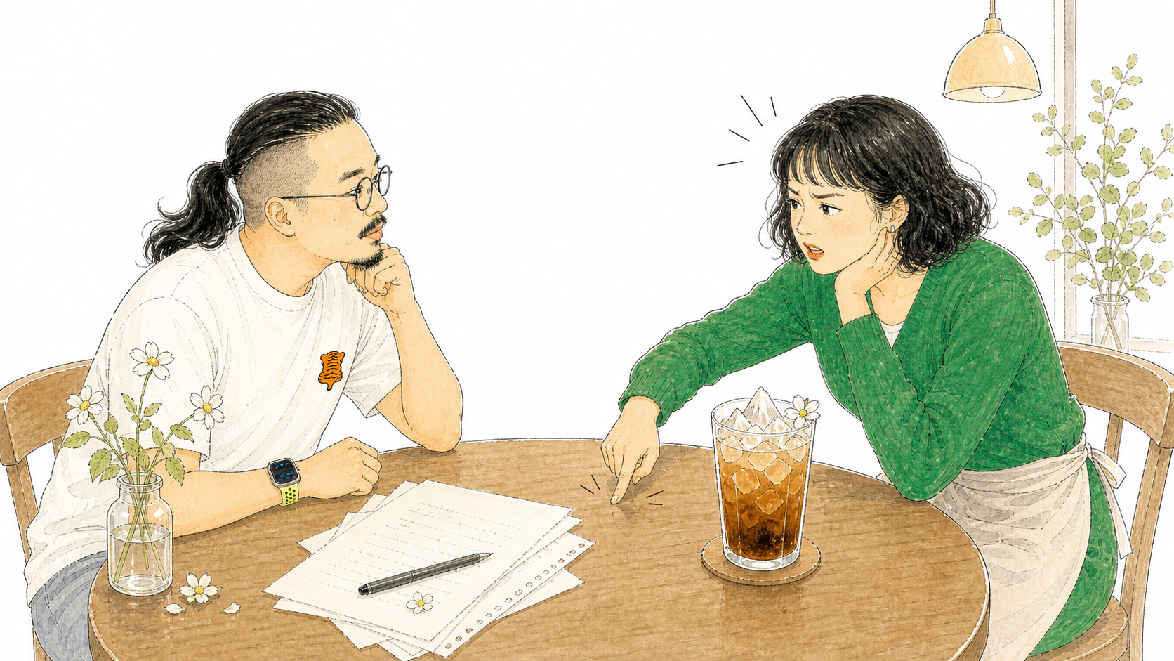 法蒂玛穿绿色毛衣,在咖啡馆里假装生气。