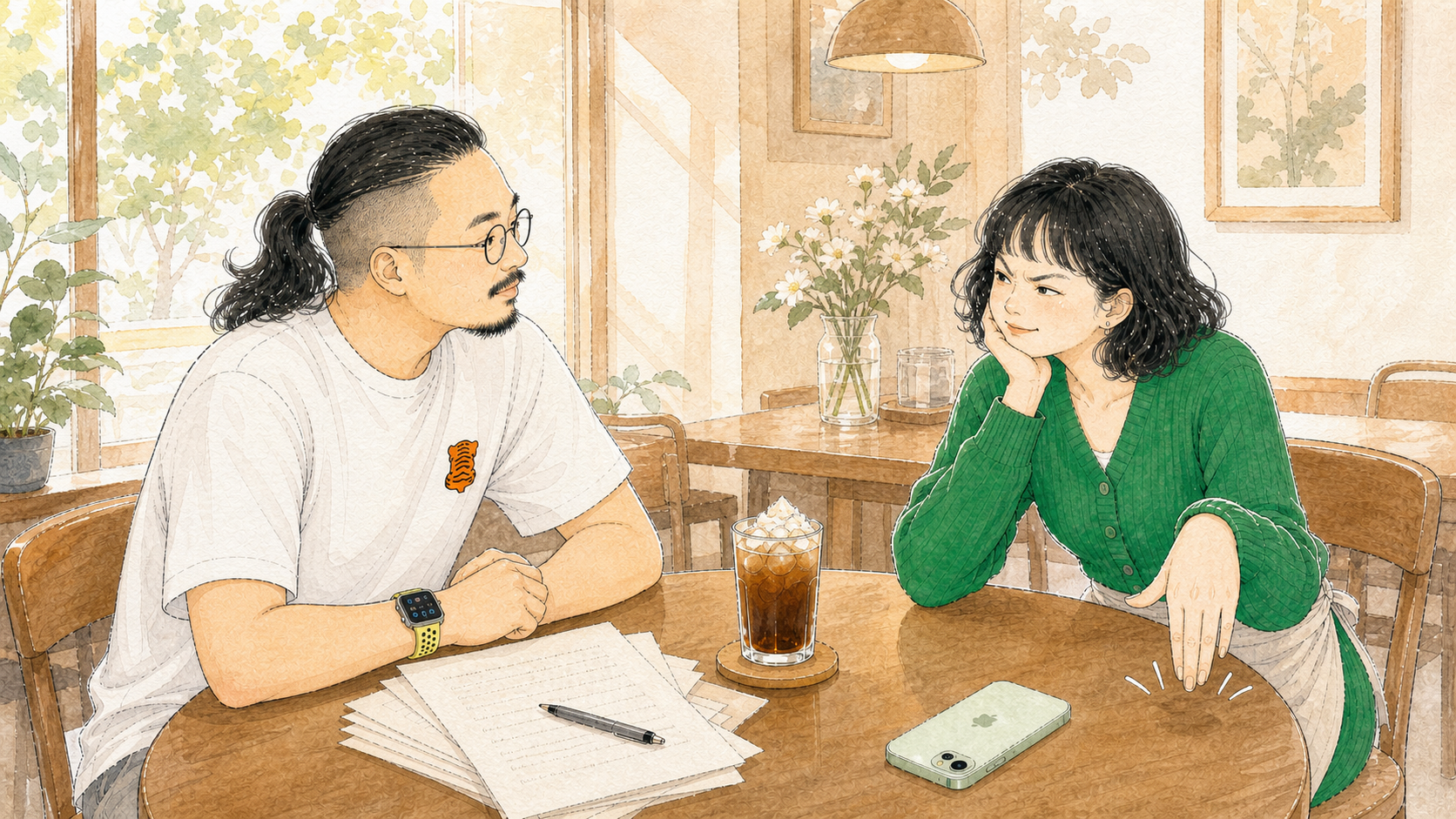 法蒂玛穿绿色毛衣,在咖啡馆里假装生气。