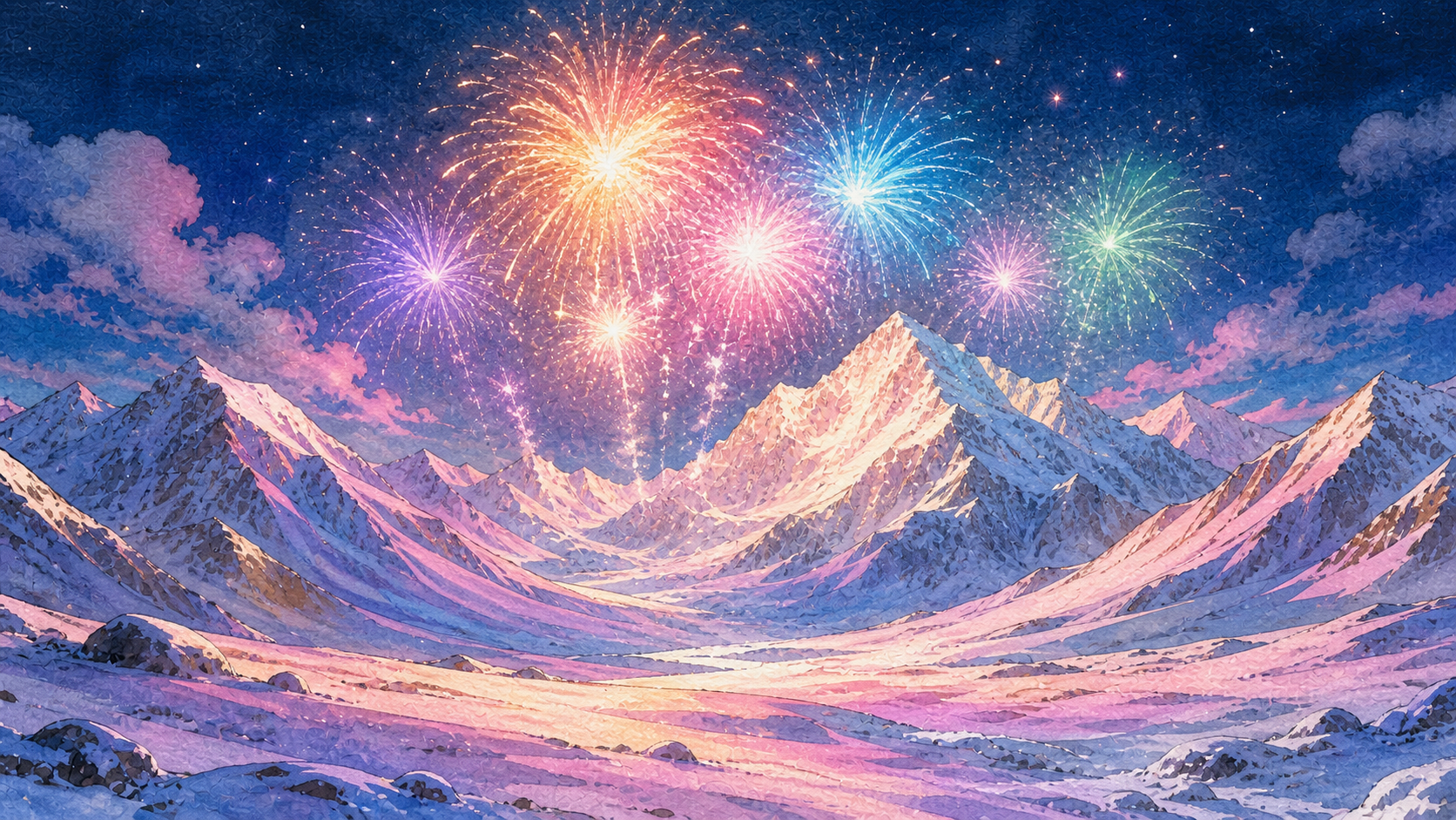 百年一次的烟花照亮喜马拉雅雪山。