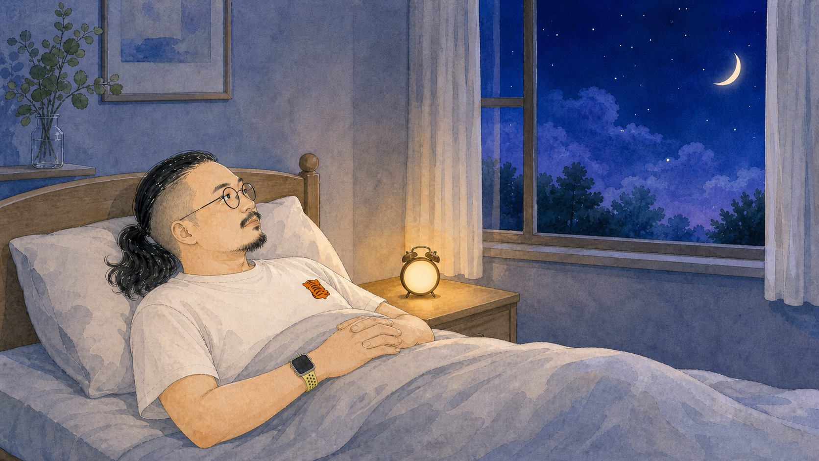 午夜的卧室，闹钟睁着眼睛躺在床上睡不着。