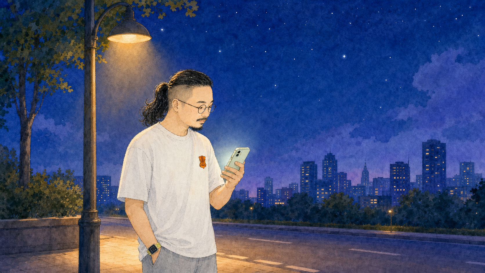 午夜路灯下,闹钟用薄荷绿手机叫一辆顺风车。