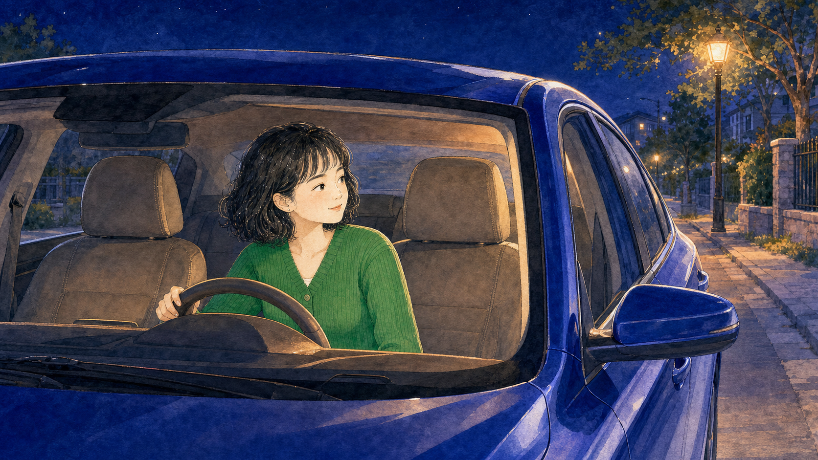 夜里,沈红坐在蓝色轿车的驾驶座上等乘客。