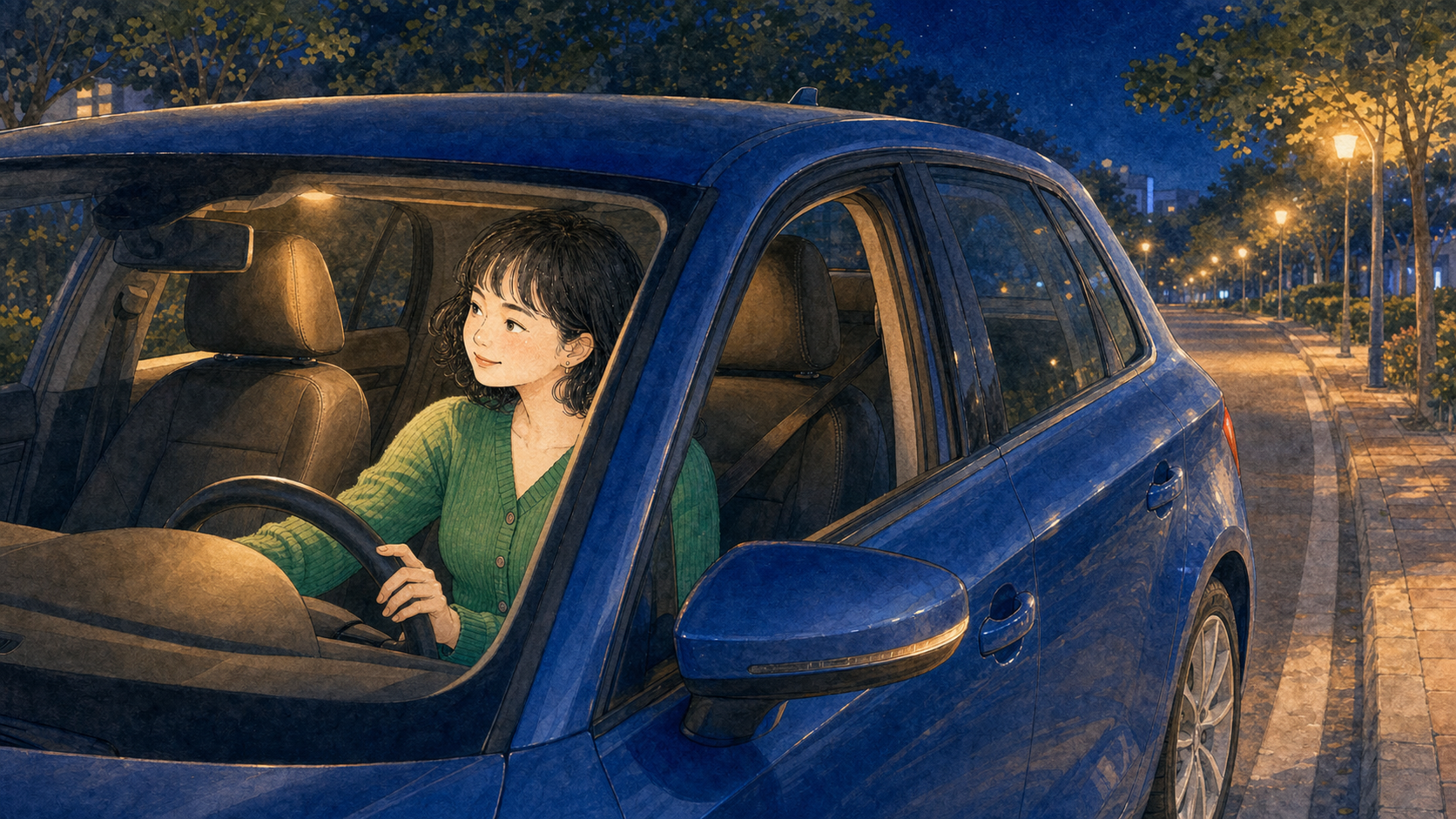 夜里,沈红坐在蓝色轿车的驾驶座上等乘客。