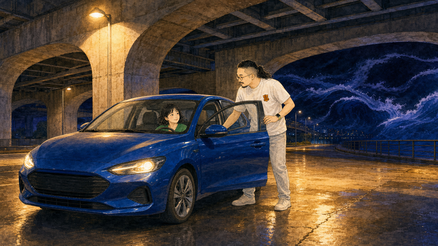 彩虹桥下，闹钟拉开副驾车门上车，桥外黑暗像海浪涌来。