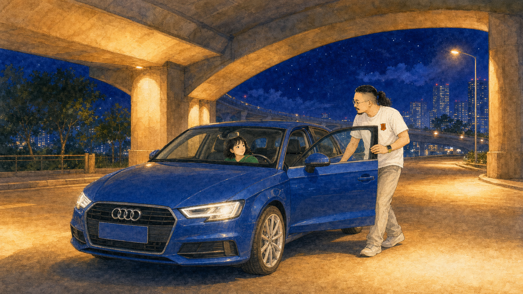 彩虹桥下,闹钟拉开副驾车门上车,桥外黑暗像海浪涌来。