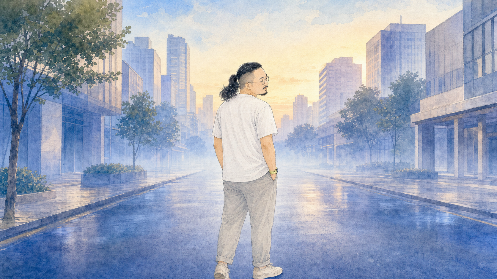 清晨空荡的街上,闹钟独自站着,蓝色薄雾弥漫。