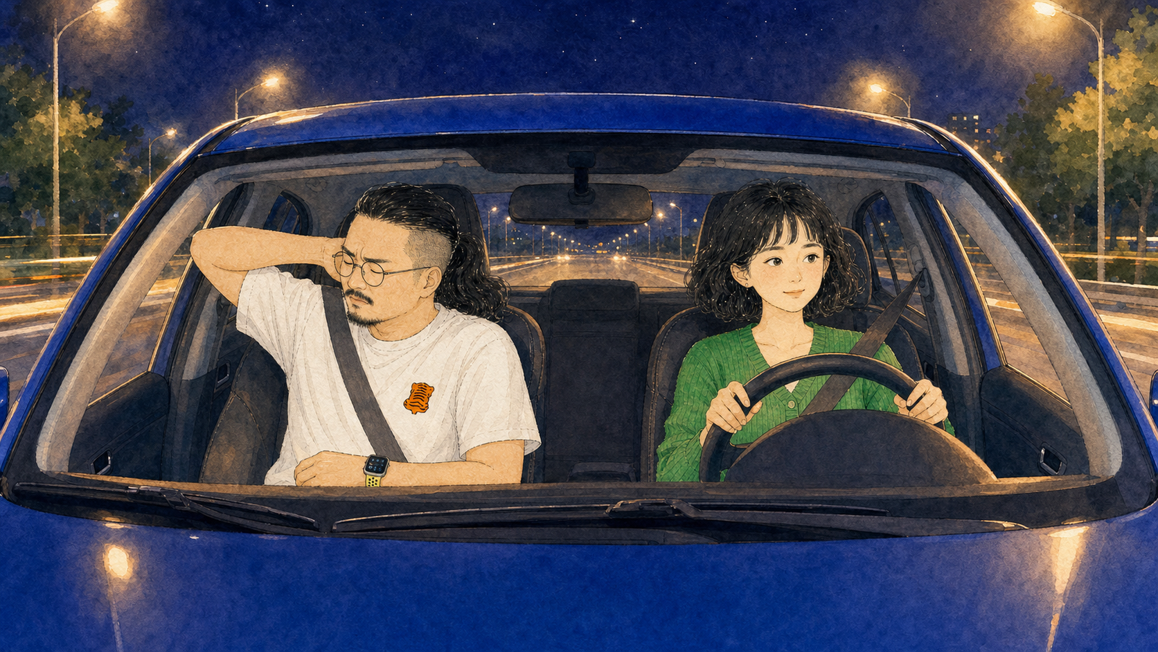 闹钟在副驾上闭着眼睛烦躁地翻来覆去，街灯流过车窗。