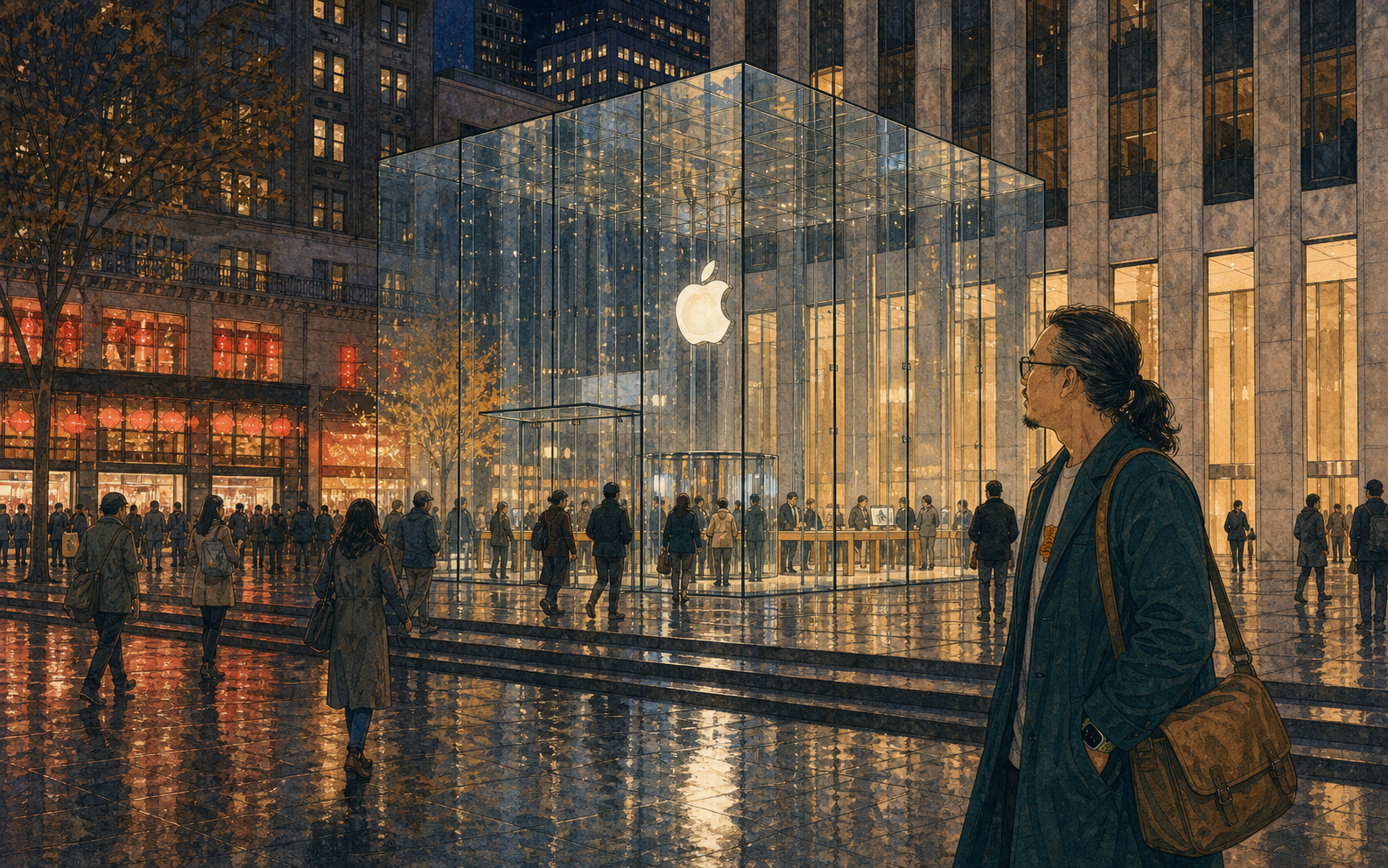 夜晚现实中的 Apple Store 5th Ave,玻璃上有工业状光线。
