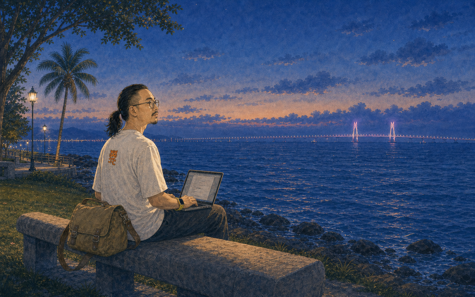 封面：珠海海边公园，主角坐在石凳上面朝大海。