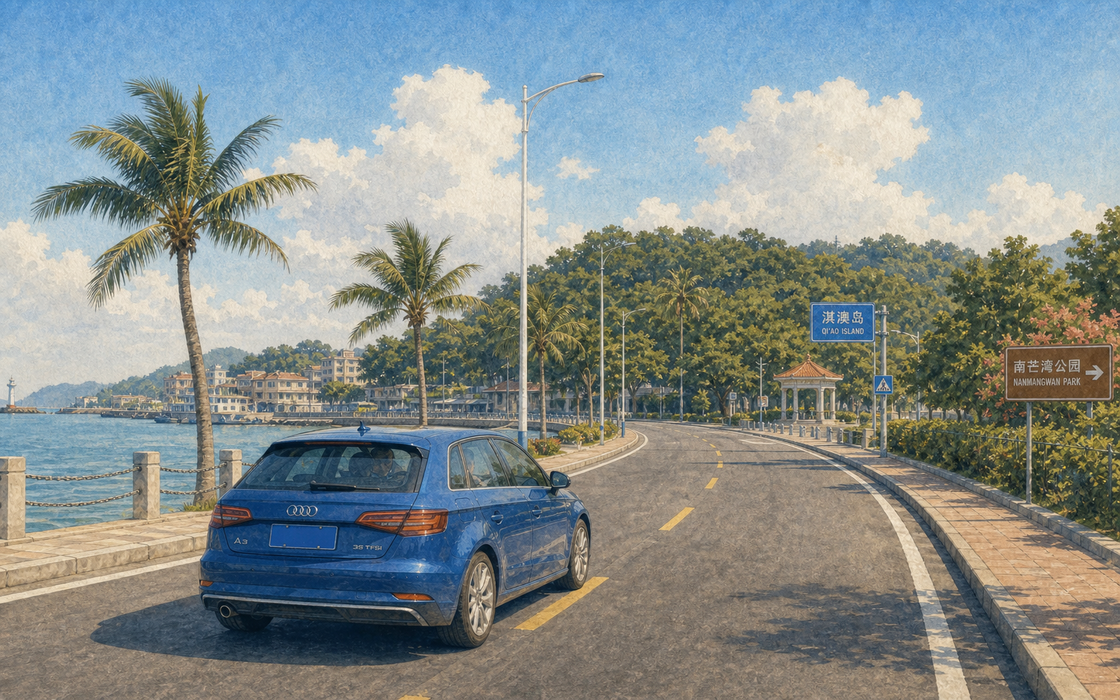 蓝色奥迪A3沿着海岸小镇的路通往淇澳岛南芒湾公园。