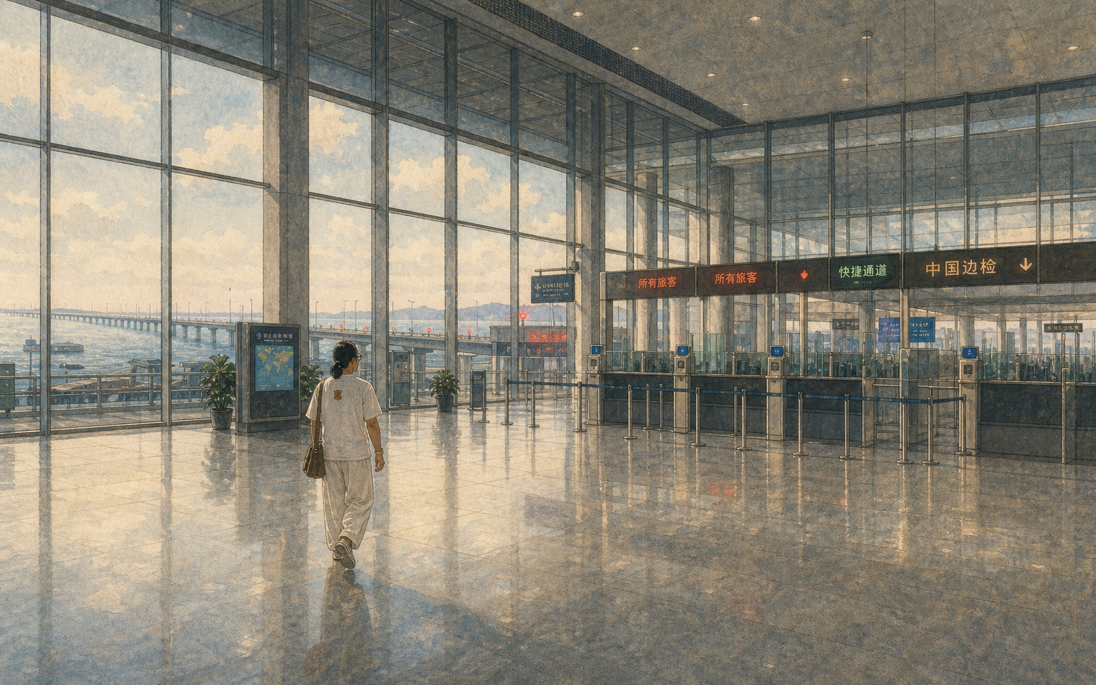 珠海口岸空旷的入关大厅，远处可见港珠澳大桥。