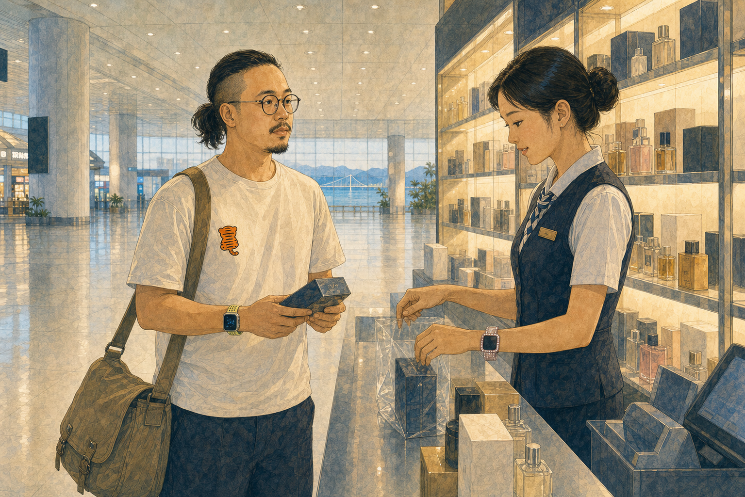 免税店年轻售货员戴着粉红表链。