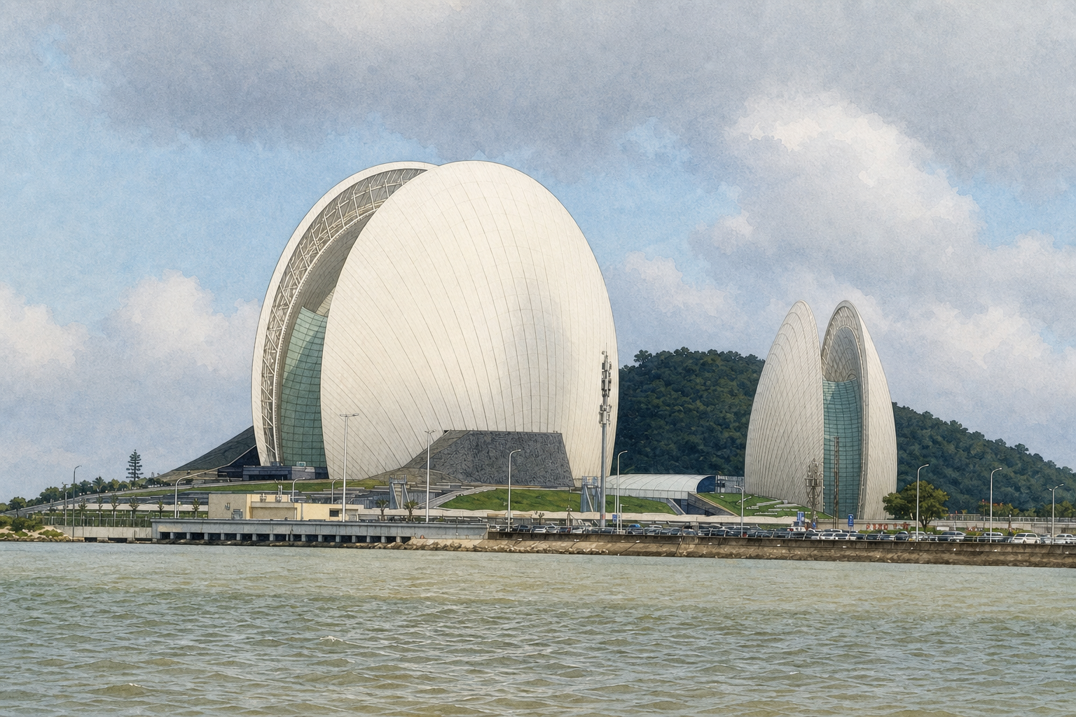 真实形态的珠海日月贝，一大一小两个白色贝壳建筑临海而立。