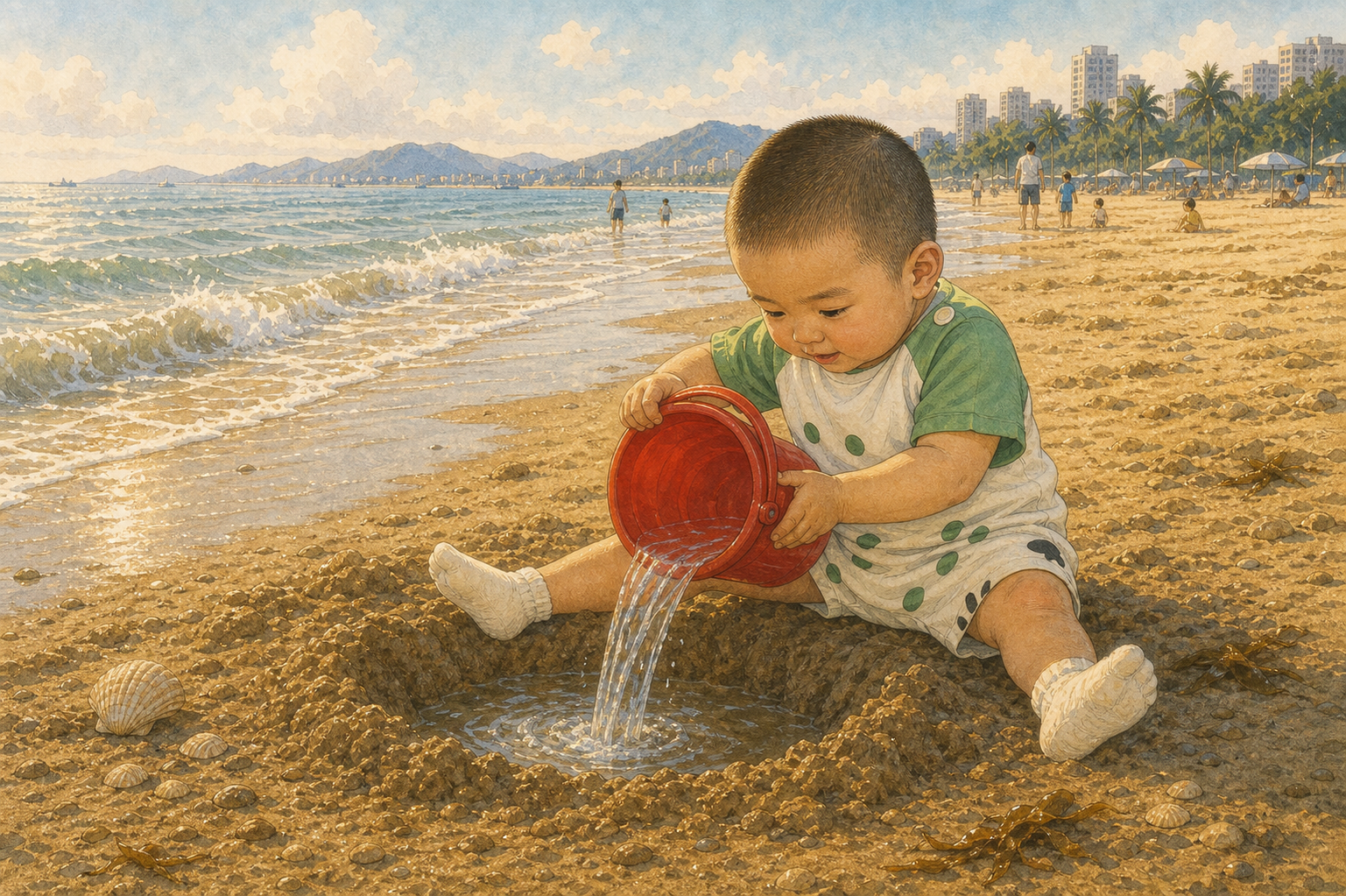 小男孩拎着红色小桶,把海水灌进沙洞。